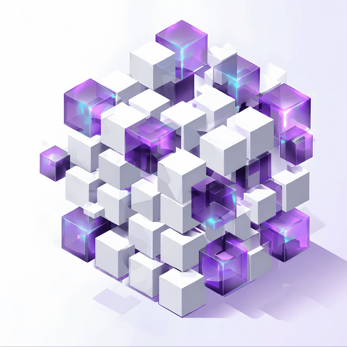 Cluster of white and translucent purple cubes arranged in a three-dimensional grid illustrate Automotive AI Box