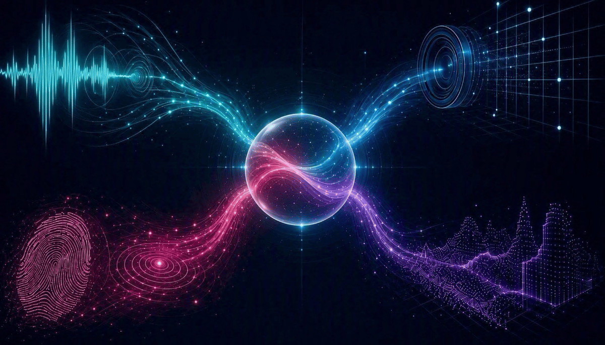 Glowing sphere in the center with flowing waveforms, a fingerprint pattern on the left, and a circular target pattern on the right against a dark background
