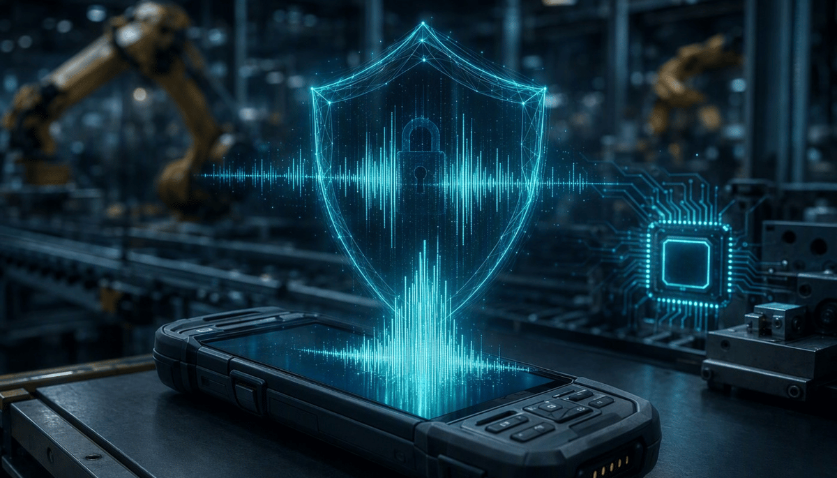 Digital shield with a lock symbol and waveform above a handheld device on a factory assembly line with robotic arms