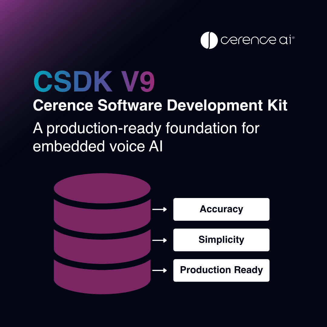 Cerence AI logo above text 'CSDK V9 Cerence Software Development Kit A production-ready foundation for embedded voice AI' with a three-layer purple cylinder diagram labeled 'Accuracy', 'Simplicity', and 'Production Ready'