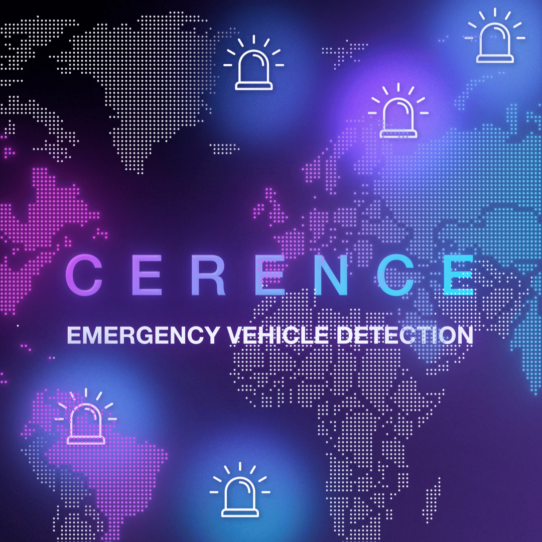 Digital world map with glowing emergency vehicle icons and text 'CERENCE EMERGENCY VEHICLE DETECTION'