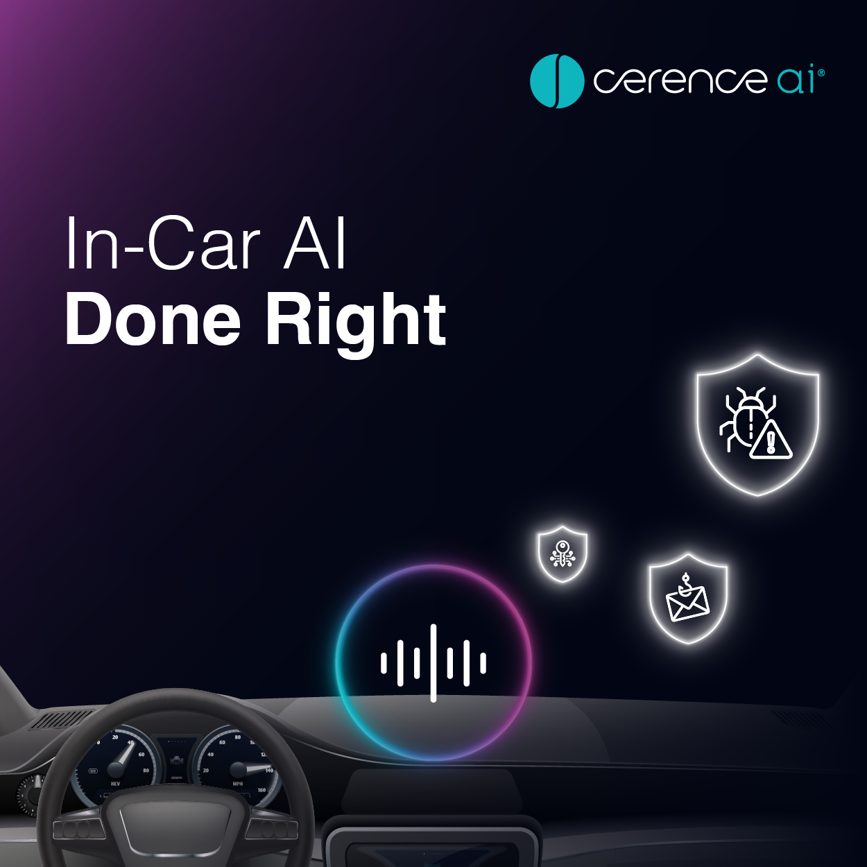 Car dashboard with steering wheel and instrument panel below text 'In-Car AI Done Right' and the Cerence AI logo with glowing icons of a bug, an envelope, and a warning symbol