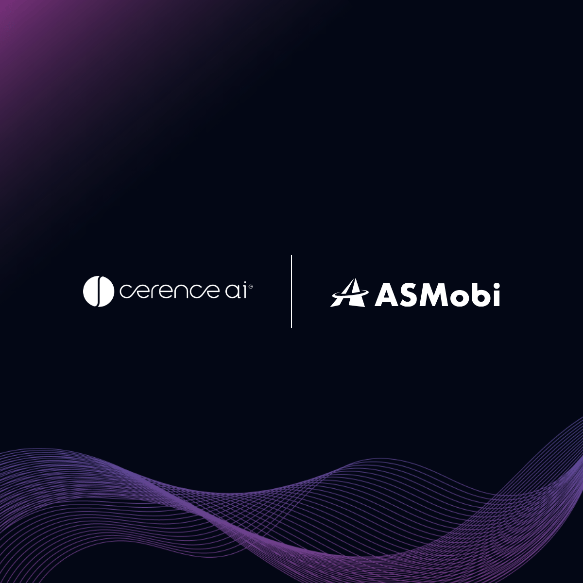 Cerence AI and ASMobi logos separated by a vertical line above a purple wave pattern on a dark background