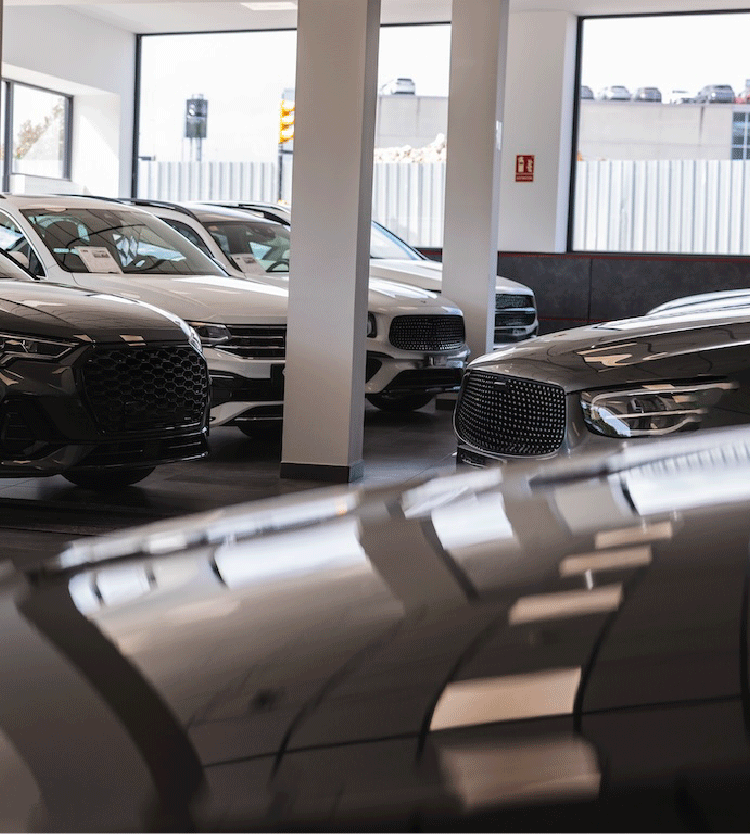 Multiple cars parked indoors separated by white pillars with large windows in the background