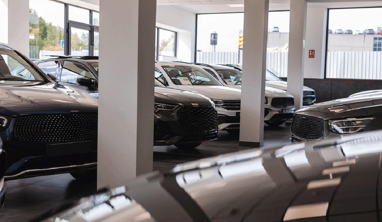 Multiple cars parked indoors separated by white pillars with large windows in the background
