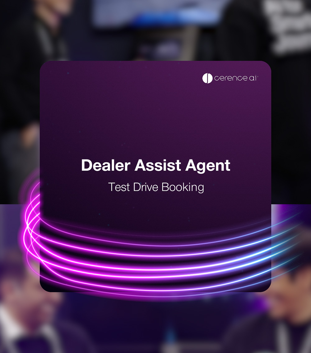 Video thumbnail showing a dark purple square with the text 'Dealer Assist Agent Test Drive Booking' and the Cerence AI logo above, with neon purple and blue curved light streaks below and blurred people in the background