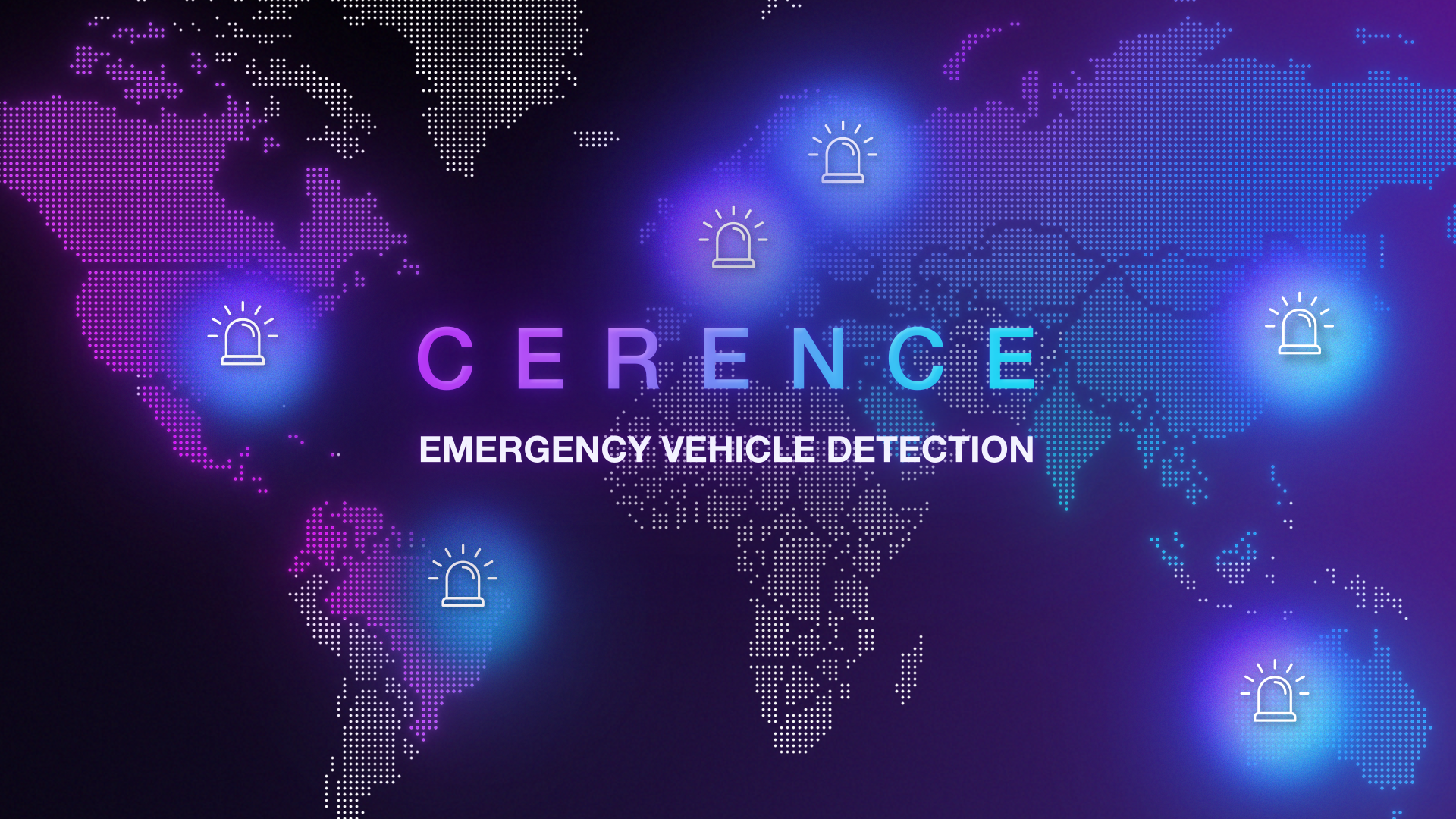 World map with glowing icons of emergency vehicle lights and the text 'CERENCE EMERGENCY VEHICLE DETECTION'