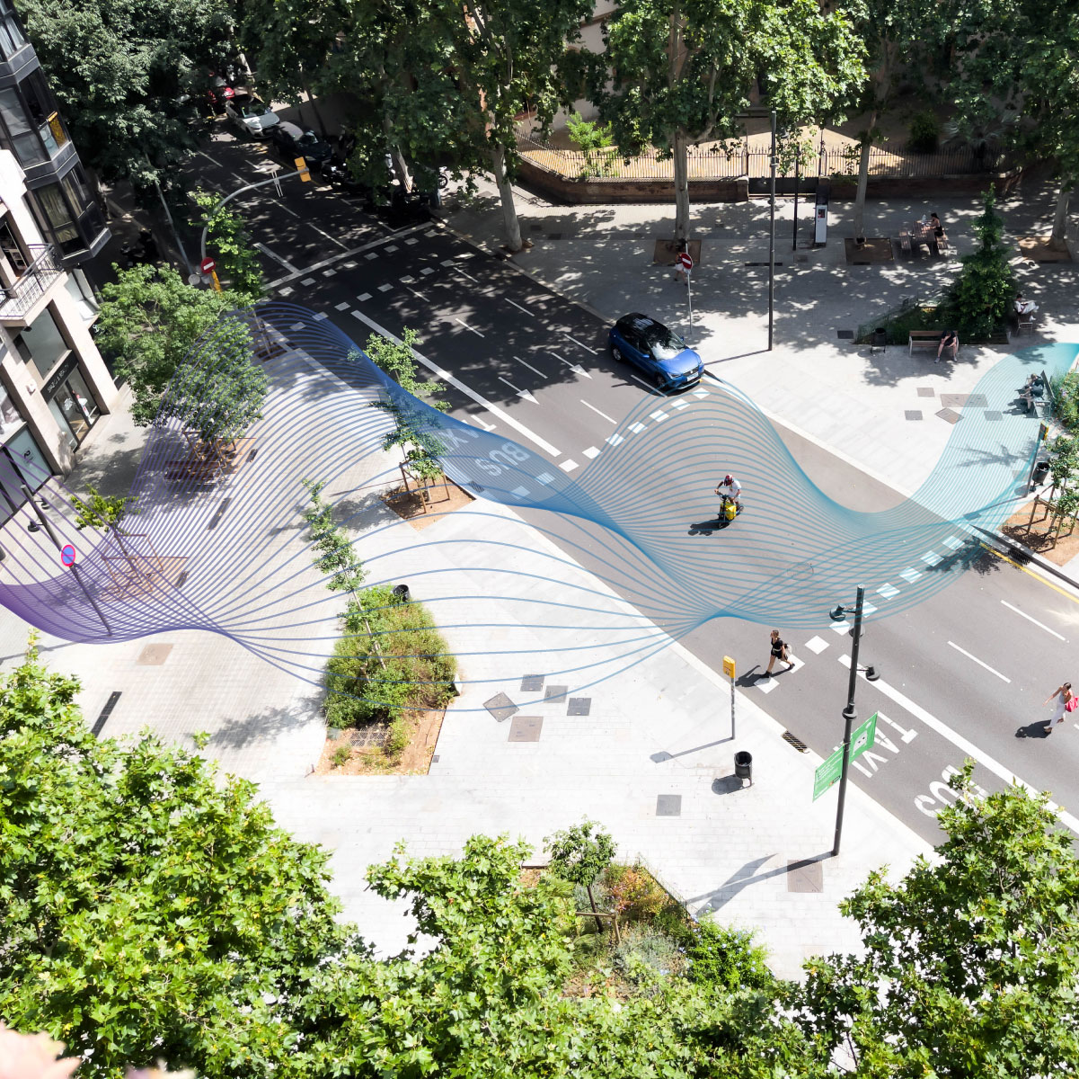 View of a modern city with pedestrians and public transportation, overlaid with flowing magenta and teal sound waves, representing resilient voice AI in real-world urban environments.
