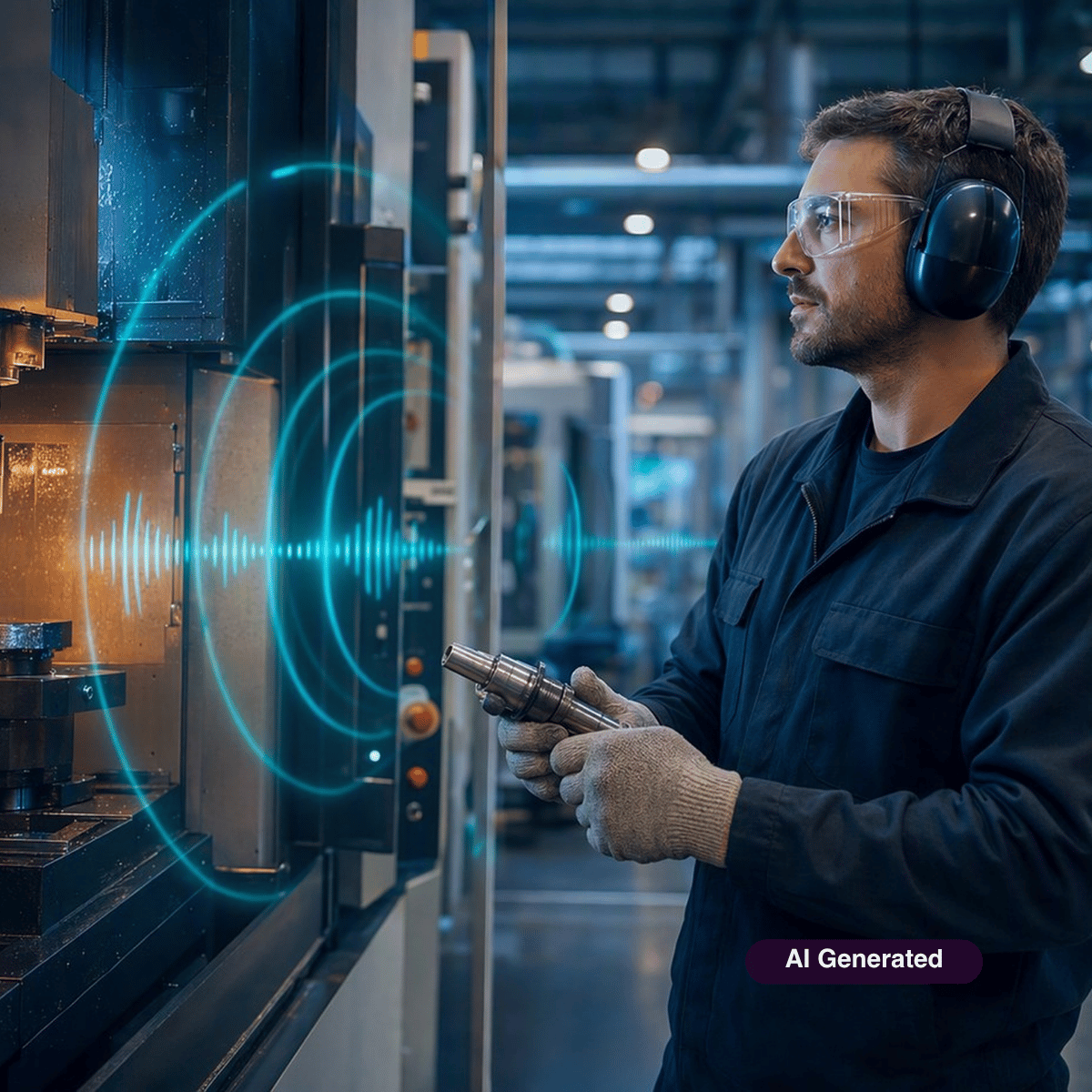 AI generated image showcasing a man wearing safety glasses, ear protection, and gloves operating industrial machinery in a factory