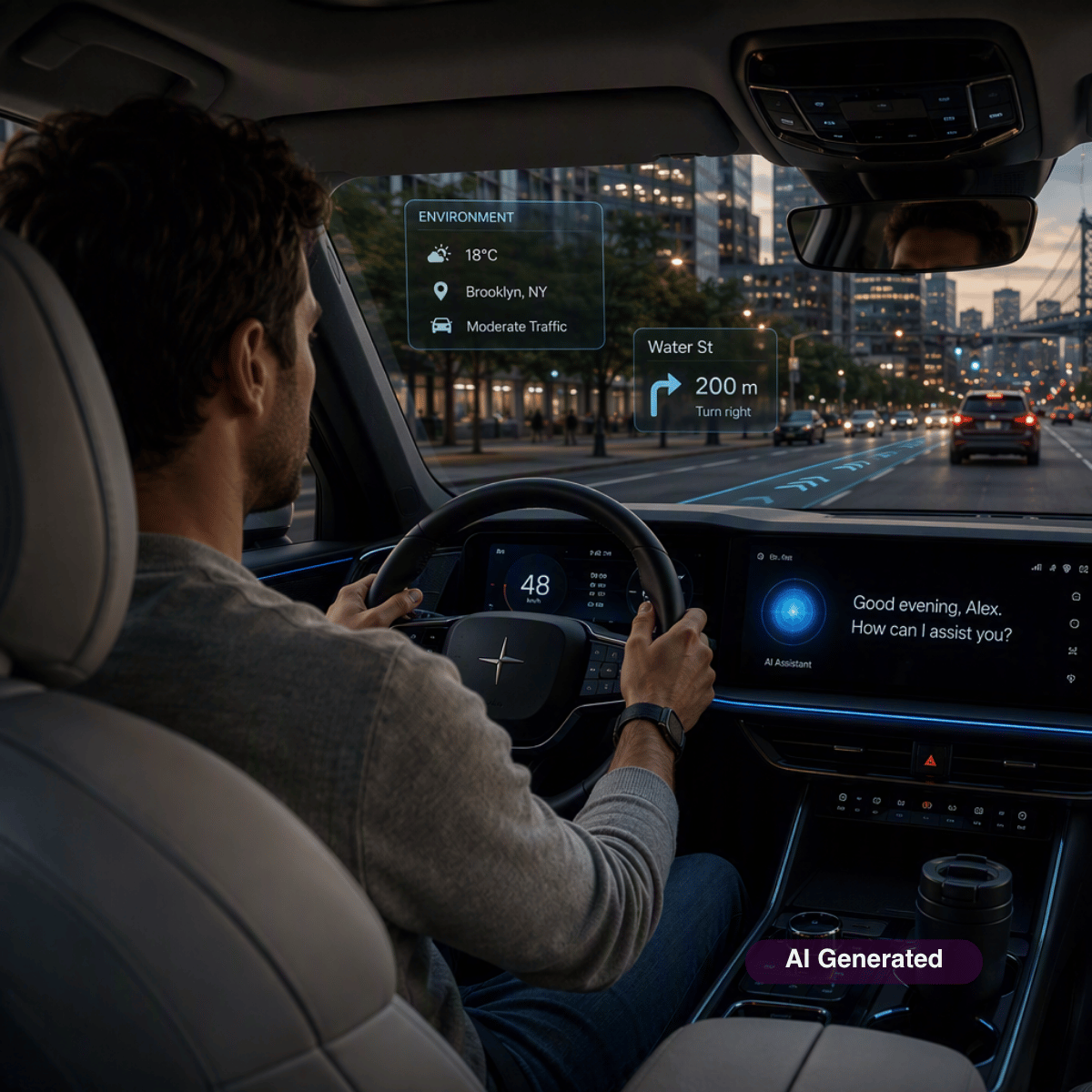 Man driving a car at dusk with digital navigation and assistant displays showing environment details and directions