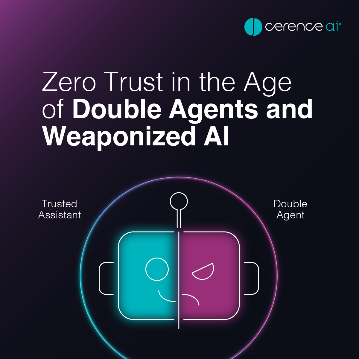 Split robot face with one side smiling labeled Trusted Assistant and the other side frowning labeled Double Agent with text 'Zero Trust in the Age of Double Agents and Weaponized AI' and Cerence AI logo